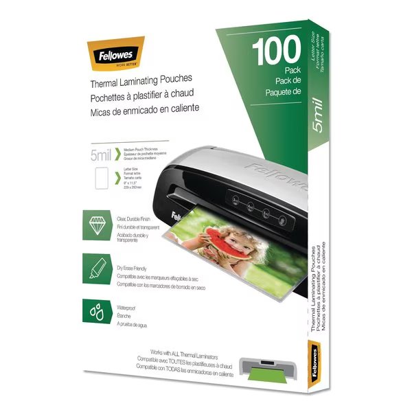 Laminating Pouches, 5 mil, 9 x 11.5, Gloss Clear, PK100, Fellowes, Mfr#: 5743501